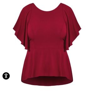 City Chic - Red Peplum, Flutter Sleeve Top - Size 18 (M)